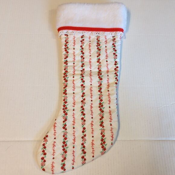 Lanz of Salzburg Christmas Stocking White Red Strawberries Flannel Fleece Vtg - Picture 2 of 6